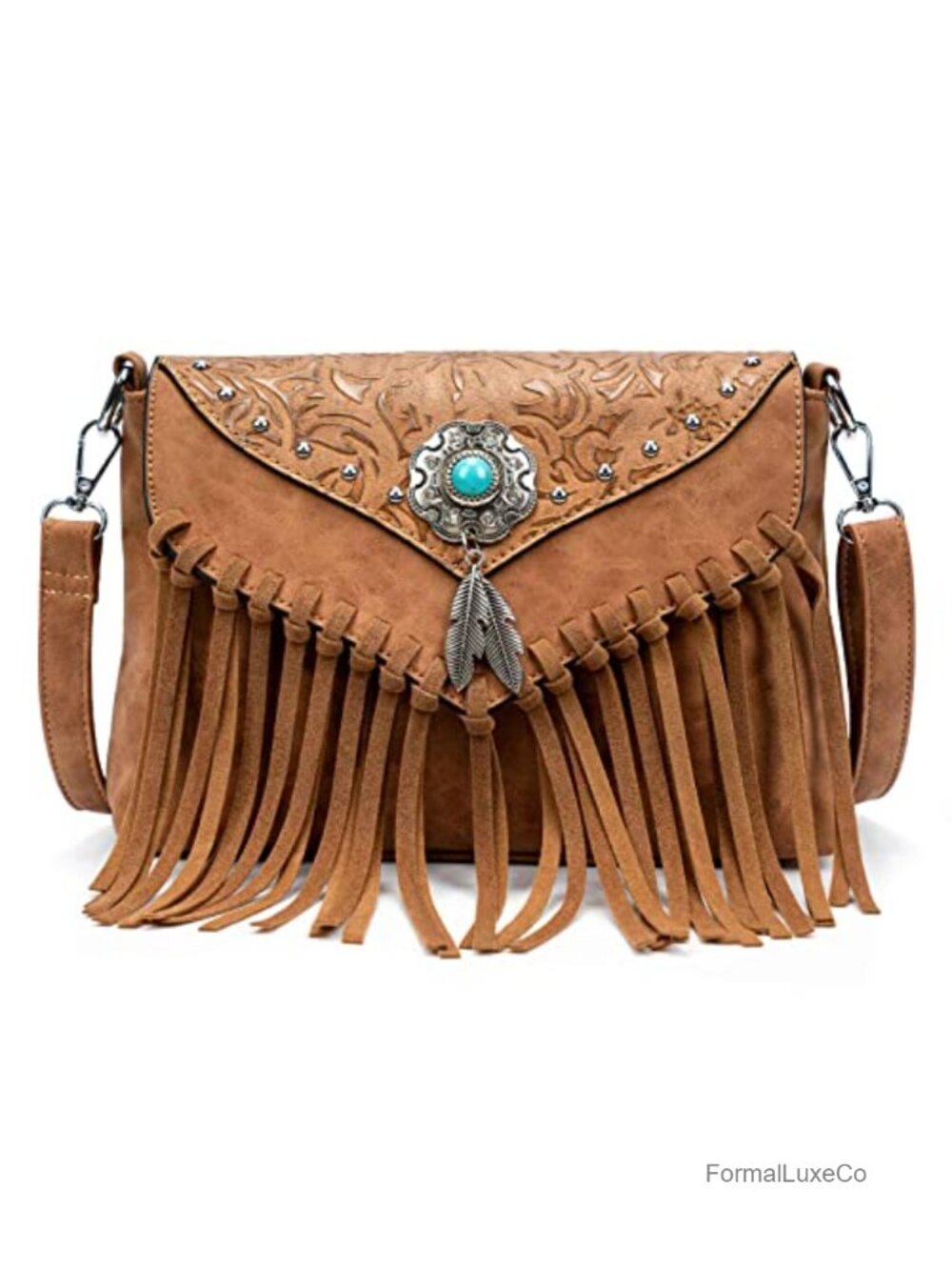 Faux Leather Fringe Crossbody Bag with Concho, Tassel Shoulder Purse